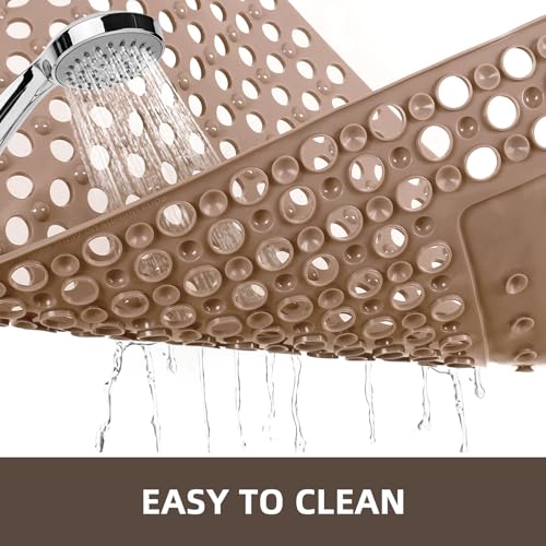 Shower Mat Non Slip: 35.4" x 23.6" Large PVC Heavy Shower Mats for Inside Shower - Quick Dry Shower Foot Scrubber Matt with Drain Hole and Suction Cups for Elderly - color: Khaki