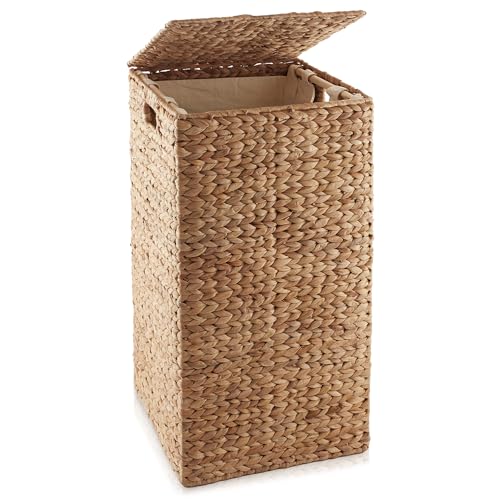 Casafield Laundry Hamper with Lid and Removable Liner Bag - Cinnamon, Woven Water Hyacinth Square Laundry Basket Sorter for Clothes and Towels - color: Cinnamon