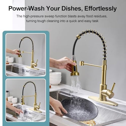 Gold Kitchen Faucets with Pull Down Sprayer, Stainless Steel Single Handle Pull Out Spring Sink Faucet, 3 Function Sprayer 1 or 3 Hole Deck Plate for Farmhouse Laundry Rv Bar - color: Gold, style: Classic