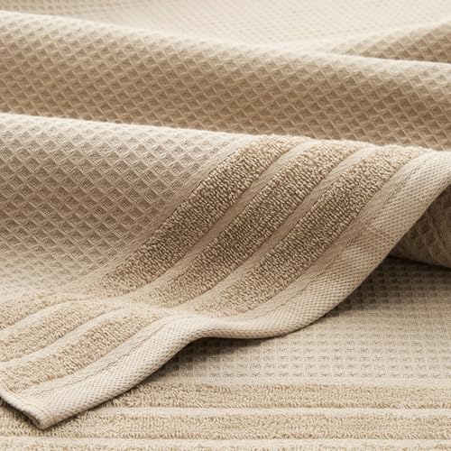 Town & Country Basics 4-Piece Waffle Woven Terry Stripe Washcloth Set, 13x13-Inch, 100% Cotton, Quick Dry, Taupe - color: Taupe
