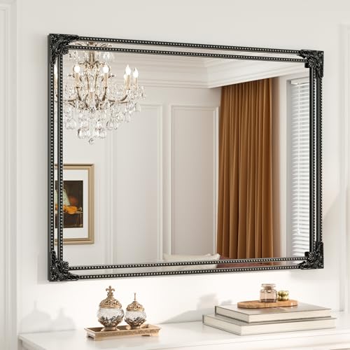 Keonjinn 40x30 Inch Black Antique Vintage Mirror, Brass Baroque Mirror | Tempered Glass, Rectangle, Traditional Mantel Decoration, Wall Decor, Hallway, Fireplace, Entryway, Living Room, Anti-Rust - color: Vintage Black, size: 30"L x 40"W