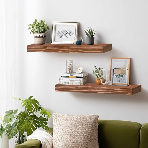 Solid Wood Floating Shelves, 24 Inch Wall Shelves, Set of 2, Brown | 8 Inch Deep, 1.6 Inch Thick, Extra-Wide Display Space, Mounting Hardware Included, For Kitchen, Bathroom and Living Room - color: Brown, size: 24x8x1.6