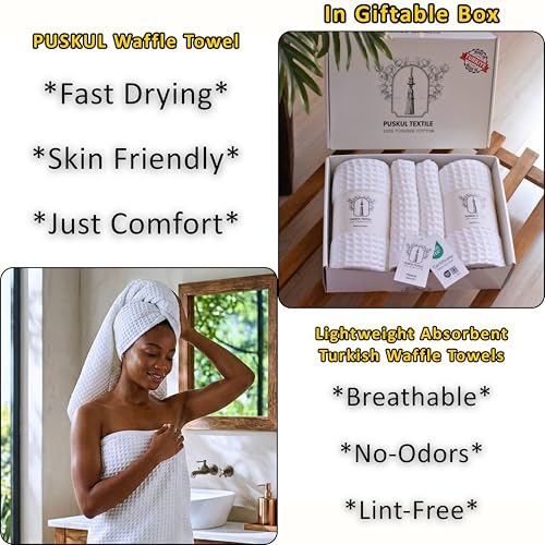 PÜSKÜL Natural 100% Turkish Cotton Waffle Towels Set for Bathroom (4-Piece) | 2-Bath sheet (Extra-large 32x63") and 2-Hand towel (Large 32x16"). Premium honeycomb-waffle weave, oeko-tex made in Turkiye. - color: White