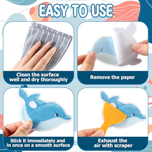 Yaomiao 24 Pcs Dolphin Non Slip Bathtub Stickers with Scraper | Shiny, Sparkle, Glitter, Peva, 4.53inch, Easy Apply, No Residue, for Bathroom, Shower Stairs Floor, Safety, Cute, Grip - style: Dolphin