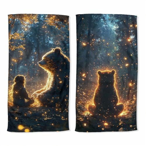 Bear Hand Towel Set of 2 Magical Encounter Between Bear Child Absorbent Bath Towels Soft Breathable Bathroom Towel for Kitchen Hotel Spa Decor Gift 14x28 inch - color: Bear