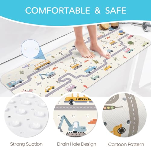 SHUCHING Baby Bath Mat for Tub Non Slip-40x16 Inch, Car and Road | Bathtub Mat for Kids & Toddler Mold Free, Long Shower Mat for Inside Shower with Suction Cup, Machine Washable - color: Car and Road