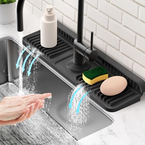 17.7'' Folding Faucet Mat for Kitchen Sink Splash Guard[7° Slope Fast Self-draining][Snap Lock Fit] Kitchen Sink Faucet Mat Splash Guard Kitchen Sink Area Water Splash Guard Behind Faucet Draining Mat - color: Black, size: 17.7" x 5.5"
