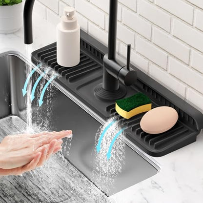 17.7'' Folding Faucet Mat for Kitchen Sink Splash Guard[7° Slope Fast Self-draining][Snap Lock Fit] Kitchen Sink Faucet Mat Splash Guard Kitchen Sink Area Water Splash Guard Behind Faucet Draining Mat - color: Black, size: 17.7" x 5.5"