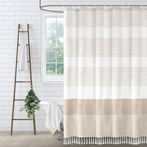 Extra Long Beige Boho Cotton Striped Shower Curtain with Tassel 72"W X 84"L | Boho Farmhouse Shower Curtains for Bathroom with Soft Cotton Feel - color: Beige, size: 72"W x 84"L