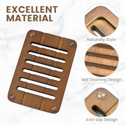 2PCS Self Draining Soap Holders, Rustic Slotted Bamboo Dish Tray, Easy Cleaning Wooden Soap Dish for Shower, Bathroom, Kitchen Sponges, Bath Tub, Packed in A Case (Walnut Style) - color: Dark Brown