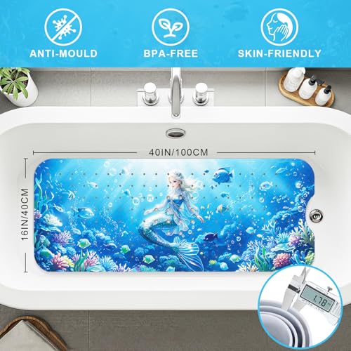 Upgrade Cartoon Baby Bath Mat Non Slip - 40"x16" Extra Long Bathtub Mat for Baby Eco Friendly Durable Bath Mat for Tub Non Slip Kids Tub Mat with Suction Cups, Machine Washable and No Fading, Mermaid - color: H-mermaid-5