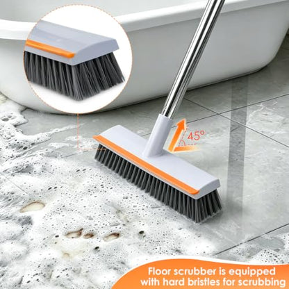 Floor Scrub Brush with 45" Long Handle, 2-in-1 Heavy-Duty Scrub Brush Broom | Stiff Bristle Scrubbing Brushes with Scrape Squeegee for Cleaning Bathroom, Kitchen, Patio, Pool, Garage, Tile, Wall, Deck