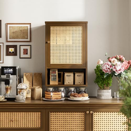 HITNET Bathroom Cabinet Wall Mounted, Medicine Cabinet with Single Rattan Door, Bamboo Hanging Storage Organizer Over Toilet, Space Saving, Walnut - color: Walnut