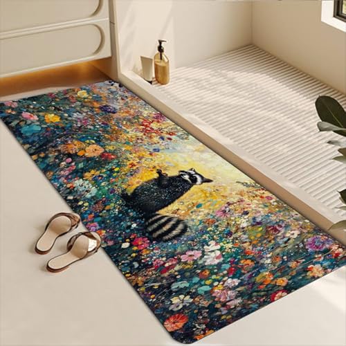 Bathroom Runner Mat Rugs Long,Cute Raccoon Flowers Image Diatomite Stone Bath Mat Large Absorbent Diatomaceous Earth Mat Non Slip Fast Dry Shower Mat Bathroom Rugs Floor Mat 16x42in - color: Design13