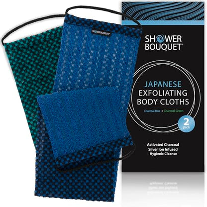SHOWER BOUQUET Japanese-Exfoliating-Washcloth 2-Pack Charcoal & Silver Ion | Exfoliating Towel & Handles | 2-Sided Gentle Exfoliation & Deep Cleansing | Back & Body Wash Cloths for Shower | Blue + Green - color: Charcoal Blue + Charcoal Green, size: 1 Cou