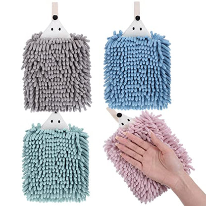 Kinlop Set of 4 Chenille Hand Towels, Fuzzy Ball Towel, Soft Hanging Absorbent Quick Dry, Hedgehog Hand Towel for Drying Bath Kitchen Washstand(Pink, Green, Blue, Gray)
