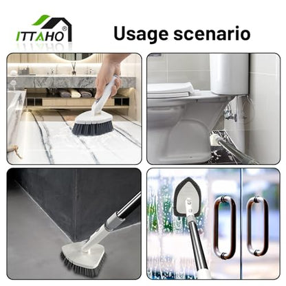 Tile Tub Scrubber Brush with 4 Cleaning Heads,59" Long Handle Stiff Bristles Scrub Brush with Extendable Pole, Rotatable Detachable Scrub Brush for Shower,Tile, Tub,Bathroom,Walls,Sink
