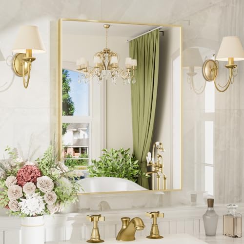 24"x32" Gold Rectangle Bathroom Mirror for Over Sink, Wall Mounted | Tempered Glass, Clear HD Reflection, Moisture-Resistant Aluminum Frame, Hangs Vertically or Horizontally for Bathroom Vanity - color: Gold, size: 24"L x 32"W