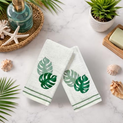 Serafina Home Coastal Tropical Palm Leaves Embroidered Bath Hand Fingertip Towels, Green on Ivory, 100% Cotton, Set of 2, 12 x 18 inches - color: Monstera
