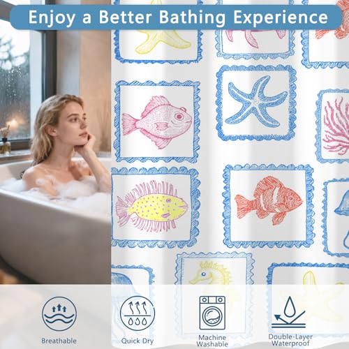 Double Layer Shower Curtains, No-Hook Cute Shower Curtain with Snap-in Weighted Shower Curtain Liner, Water Repellent & Quick-Dry Bath Tub Curtain, Cartoon Ocean Creature Stamp Pattern, 71"W x74"L - color: Ocean Stamps