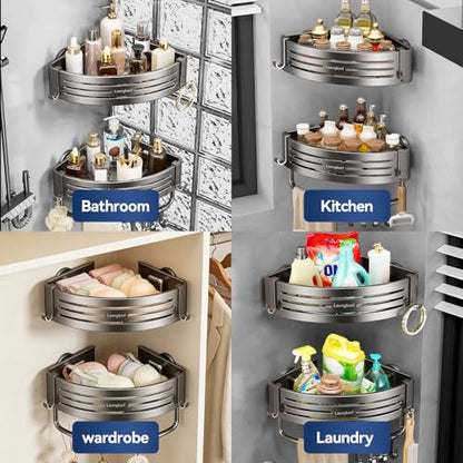 Corner Shower Caddy Suction Cup, Gray (2 Pack) | Rustproof aluminum shelf with towel bar & hooks. No-drill removable wall storage. Strong suction
