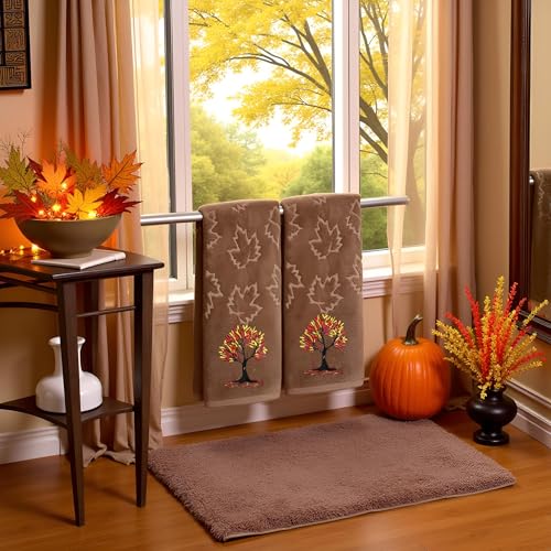 2 Pack Fall Hand Towel Jacquard Embroidered Cotton Kitchen Towels Farmhours Thankful Bath Towels Set Thanksgiving Bathroom Decor (Brown Tree of Life, 2*Hand Towel) - color: Brown Tree of Life