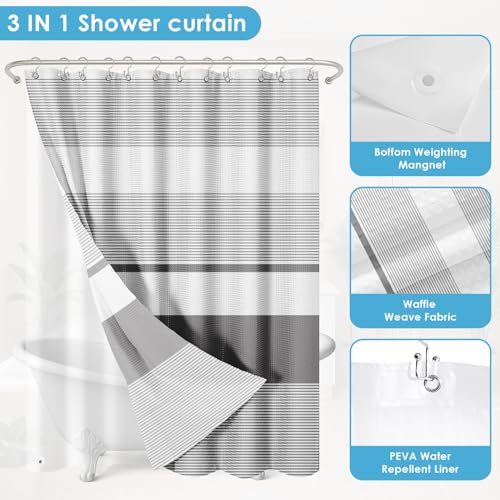 3 in 1 Shower Curtain and Liner,72 x 72 inch, Striped Gray | Shower Curtain and PEVA Liner Set with 12 Rust-Resistant Metal Hooks, Waterproof Fabric Curtains for Bathroom - color: Grey