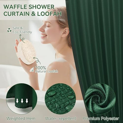 Green Bathroom Set, Dark Green Bathroom Accessories Set with Shower Curtain and No-Slip Bath Rugs, Natural Loofah Sponge, Soap Dispenser, Toothbrush Holder, Bathroom Tumbler and Tray for Bathroom - size: Bath Set+Shower Curtain+Bath Rugs+2PCS Loofah, styl