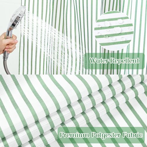 ASPMIZ Farmhouse Striped Shower Curtain and Liner Set No Hook, Green 71x74 | No Hook Shower Curtain with Snap in Liner Fabric, Rustic Washable Waterproof Bathroom Curtains with Button, Mesh Top Window - color: Green Striped, size: 71"W x 74"L (Pack of 1),