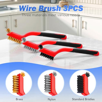 Wire Brush Set, 3 Pcs Stainless Steel/Brass/Nylon Wire Brushes | Red, 7" Total Length for Tight Spaces, For Cleaning with Curved Handle Grip for Rust Removal, Dirt, Paint Scrubbing - style: Red-3pcs