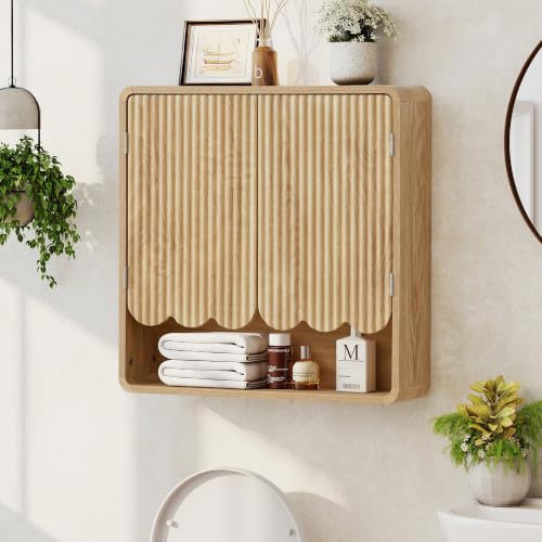 Fluted Bathroom Wall Cabinet, Boho Wooden Bathroom Organizers, Scalloped Over The Toilet Storage Cabinet with Adjustable Shelf, Medicine Cabinet Wall Mounted for Bathroom, Laundry Room,Natural - color: Natural