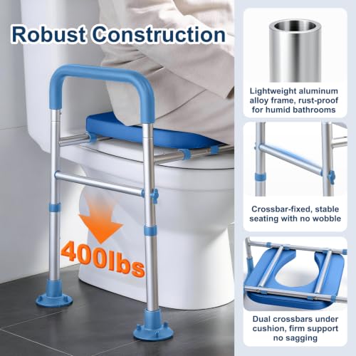 Adjustable Raised Toilet Seat with Handles for Seniors, Blue | 400lbs Capacity Elongated Toilet Seat Riser, Elevated Toilet Seat with Soft Cushion & Removable Armrests - color: Cozy Blue