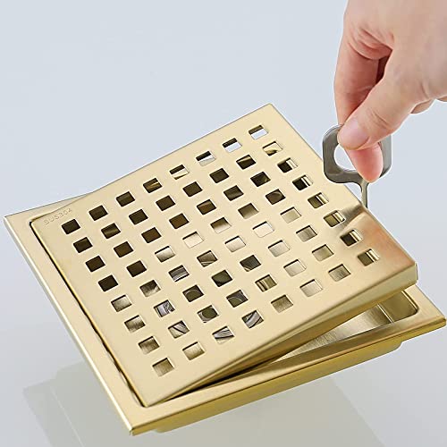 RANDOM Brushed Gold Shower Drain Square 6 Inch Shower Floor Drain with Grid Grate & Removable Hair Strainer 304 Stainless Steel Shower Drain Cover Bathroom Accessories.98738BG - color: C-brushed Gold-6″ Square