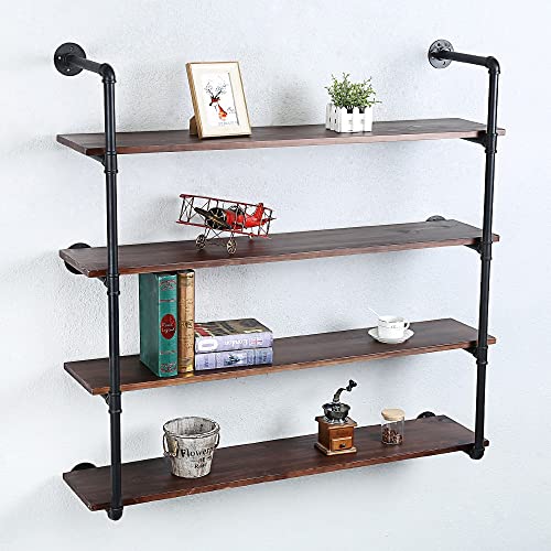 Industrial Pipe Shelves With Wood Planks,Rustic Pipe Shelving Wall Shelf | Metal Pipe Solid Pine Wood,Easy to Assemble,Wooden Board Thickness 0.78 In,For Bar Farmhouse Kitchen Office Bathroom,Bedroom - color: 4-layer, size: 48in