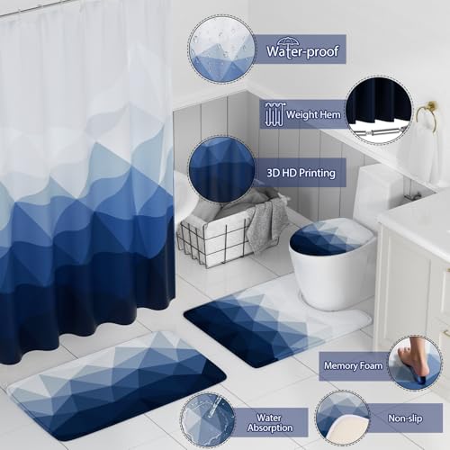 XLHOMO Bathroom Accessory Set - 26PC Bathroom Shower Curtain and Rug Set, Bathroom Accessories Set, Navy Blue Bathroom Set with Trash Can, Toilet Brush, Qtip Holder & Soap Dispenser - style: Navy Blue