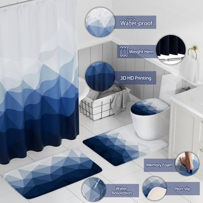 XLHOMO Bathroom Accessory Set - 26PC Bathroom Shower Curtain and Rug Set, Bathroom Accessories Set, Navy Blue Bathroom Set with Trash Can, Toilet Brush, Qtip Holder & Soap Dispenser - style: Navy Blue