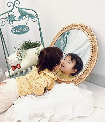 OYPEIP 20”Large Nature Rattan Boho Innovative Art Decoration Round Makeup Mirror Dressing Bedroom Bathroom Wall Mounted Hanging Mirrors Craft Photo Props…
