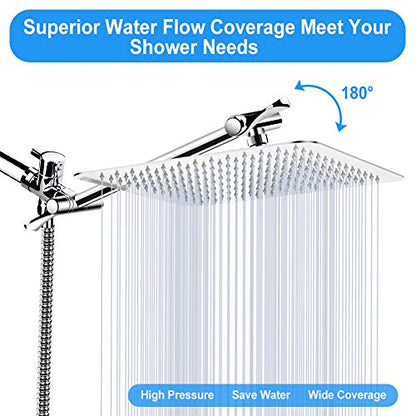 Shower Head, Kaqinu 10'' High Pressure Rainfall Shower Head/Handheld Showerhead Combo with 11” Extension Arm, Anti-leak Shower Head with Holder/Hose, Flow Regulator - Chrome - color: Silver, size: 10 Inch