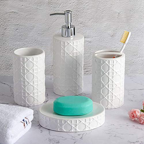 CAA'S Bathroom Accessories Set Ceramic 4 Pieces Bathroom Ensemble for Bath Decor Includes Lotion Dispenser Toothbrush Holder Tumbler Soap Dish (White Netting) - style: Luxury,Elegant