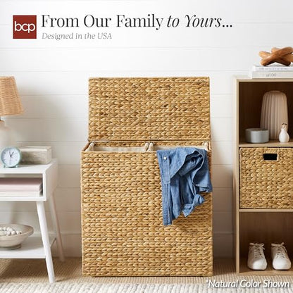 Best Choice Products Large Double Laundry Hamper with Lid, Natural Handwoven Water Hyacinth, 2 Sections w/ 2 Machine Washable Linen Liner Bags, Portable, Handles - Black - color: Black