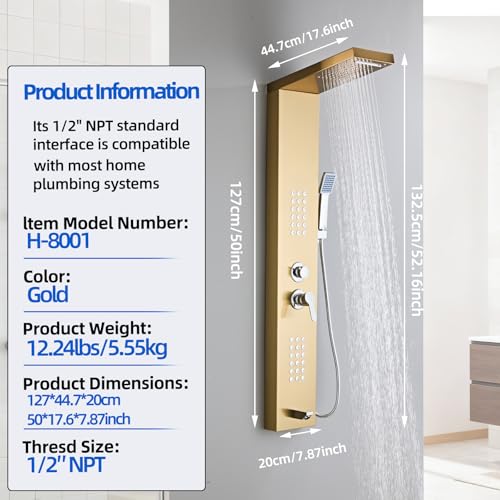 5-in-1 Shower Panel Tower System - Brushed Gold | 304 stainless steel Shower Panel Tower Column with Powerful Body Jets, Rainfall, Waterfall,Handheld and Tub Spout - color: Brushed Gold, style: LSH-8001