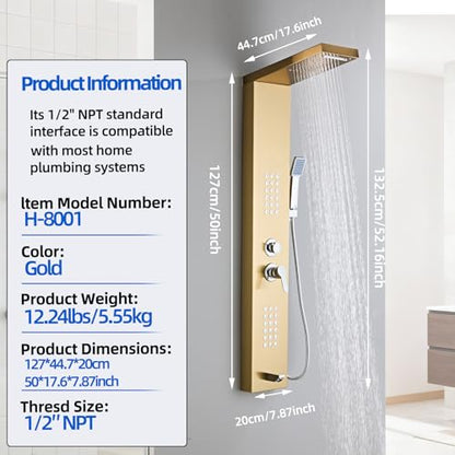 5-in-1 Shower Panel Tower System - Brushed Gold | 304 stainless steel Shower Panel Tower Column with Powerful Body Jets, Rainfall, Waterfall,Handheld and Tub Spout - color: Brushed Gold, style: LSH-8001