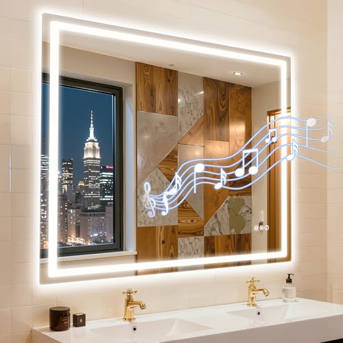 40" x 32" LED Bathroom Mirror with Anti-Fog & Touch Switch - Wall-Mounted Makeup Vanity Mirror, No Drilling Required, Smart Display (Square) - size: 39.4"L x 31.5"W