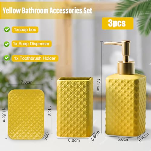 Jessie Bathroom Accessories Set, 3 or 4-Piece Ceramic Bathroom Accessory Set,Soap Dispenser,Toothbrush Holders Set,Tumbler,Soap Dish Embossed Matte Bathroom for Modern Bathrooms (Yellow 3-Piece Suit) - size: Yellow-3 Piece