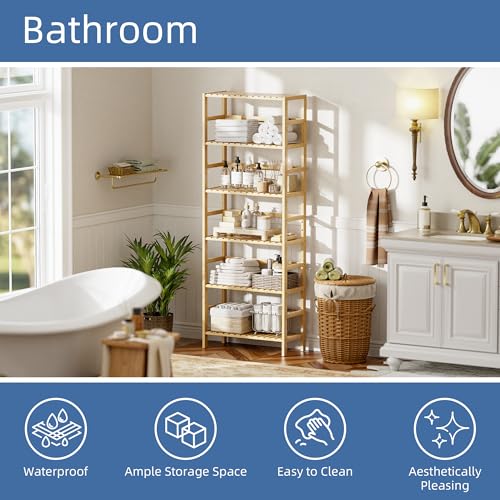 HITNET Bamboo Shelf, 6-Tier Adjustable Tall Open Bookcase, Bathroom Storage Rack Freestanding Shelving Unit, Plant Display Stand for Small Space, Natural - color: Natural