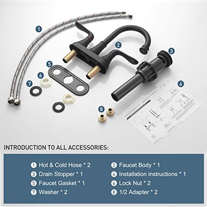GENBONS Bathroom Faucets for Sink 3 Hole, 4 inch Matte Black with Pop-up Drain and 2 Supply Hoses 2 Handle Centerset Faucet for Sink Vanity - color: Matte Black - C, style: Centerset Bathroom Faucet