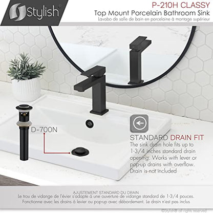 Stylish Drop in Bathroom Sink 20 1/4 x 16 Inch Porcelain Rectangular Bathroom Sinks Shiny Finish Smooth and Stain Resistant Surface with Chrome and Matte Black Overflow, P-210H - style: Modern