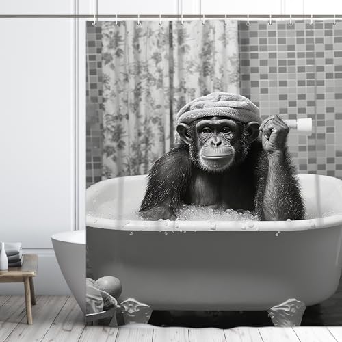 Funny Monkey Shower Curtain, Black and White Fun Chimpanzee Animal Bathroom Curtains, 72x72 Humorous Shower Curtain Set, Gray Wildlife Boys Men Modern Cool Bathroom Curtain - color: Black Gray, size: 72"W x 72"L (Pack of 1)