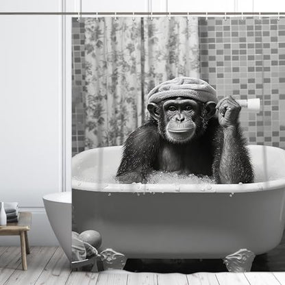 Funny Monkey Shower Curtain, Black and White Fun Chimpanzee Animal Bathroom Curtains, 72x72 Humorous Shower Curtain Set, Gray Wildlife Boys Men Modern Cool Bathroom Curtain - color: Black Gray, size: 72"W x 72"L (Pack of 1)
