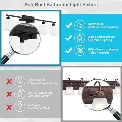 Bathroom Black Lighting Fixtures Over Mirror, Anti-Rust 5-Light Bathroom Vanity Lights,Milky White Glass Shades - color: Black-5Light